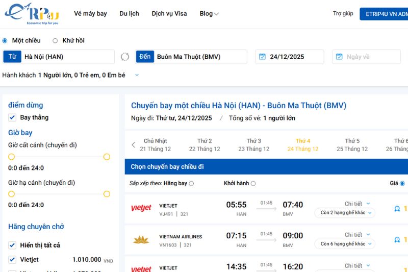 Đặt v&eacute; m&aacute;y bay đi Bu&ocirc;n M&ecirc; Thuột gi&aacute; rẻ tại Etrip4u