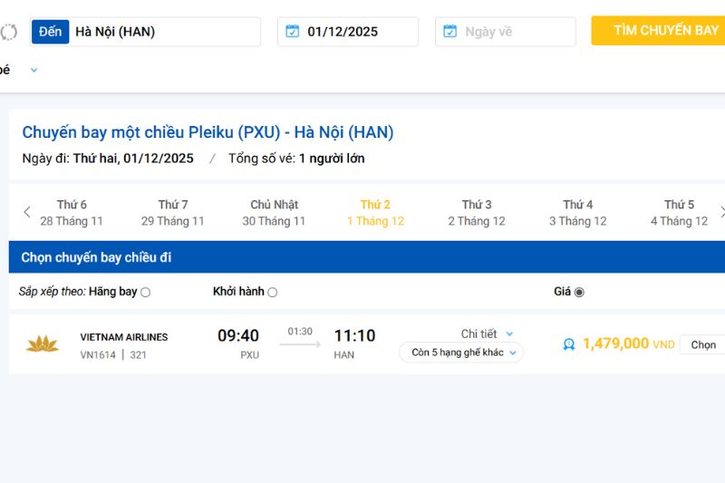 Gi&aacute; v&eacute; m&aacute;y bay Pleiku H&agrave; Nội h&atilde;ng Vietnam Airlines